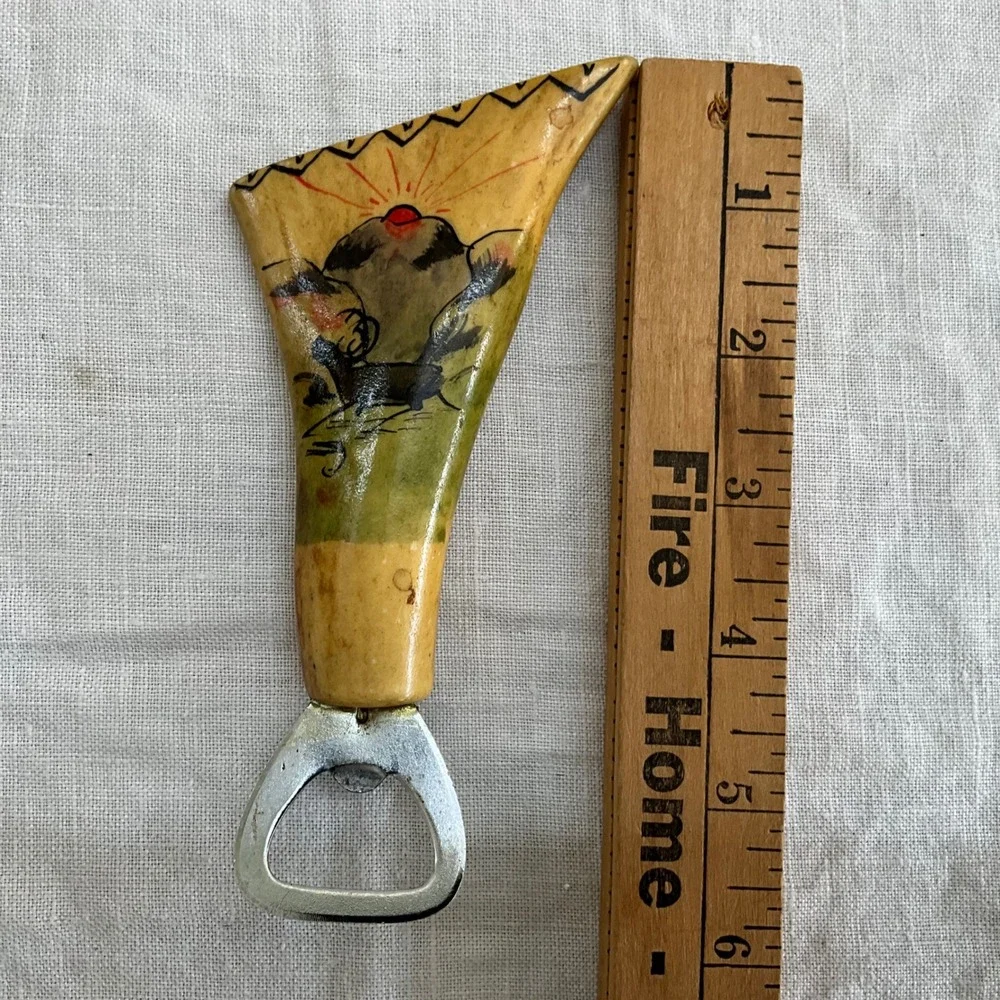 Vintage Hand Painted Bone Antler Bottle Opener Wildlife Mountain Rustic Barware